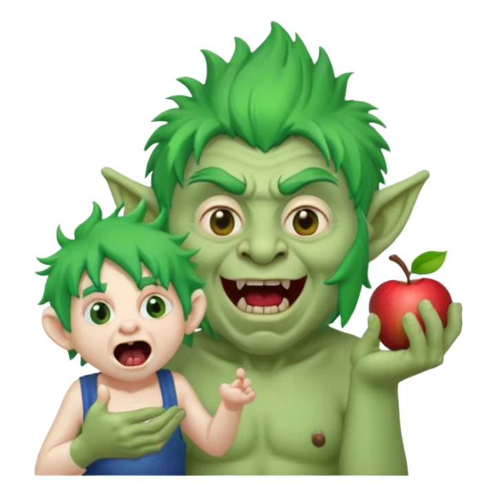 troll with wild hair clutching a miniature yelling elderly man, humorous, apple emoji style sticker