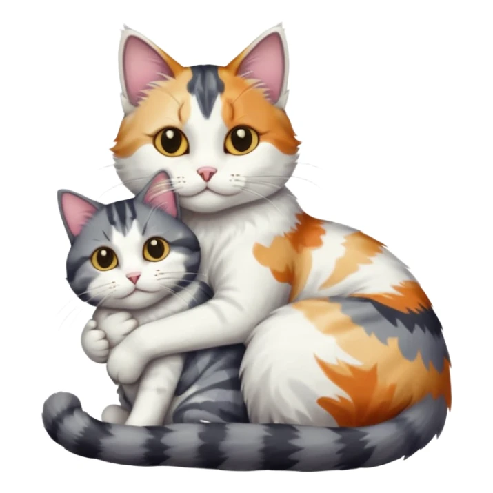 full body colourful light patched calico + white tabby cat cuddling a grey and white cat  sticker