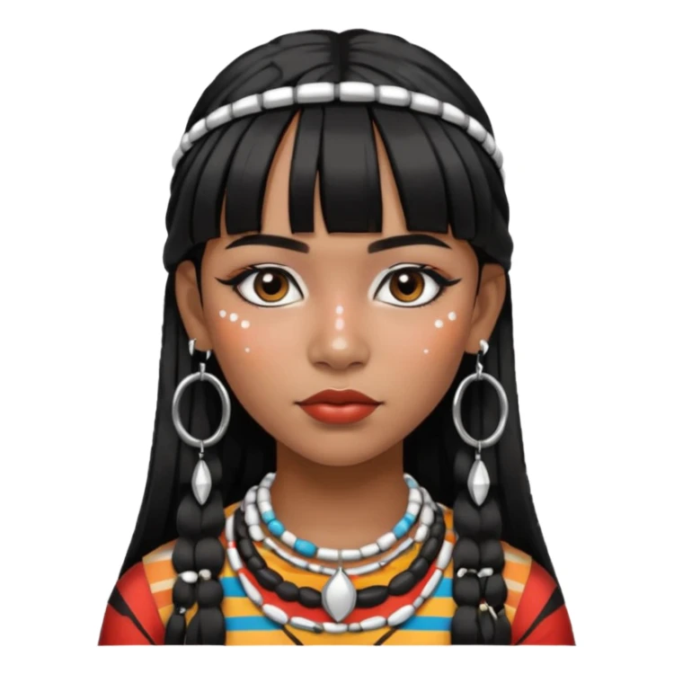 Chica indígena con maquillaje tradicional de indígenas con puntos y rayas, pelo liso y flequillo, con aretes de candongas grandes  sticker