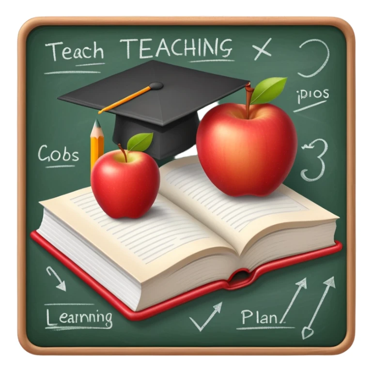 An icon featuring an open book, a pencil, and an apple, symbolizing education and pedagogy. The design includes a chalkboard with a lesson plan and a graduation cap, representing teaching and learning. Transparent background highlights the nurturing of knowledge and growth. sticker