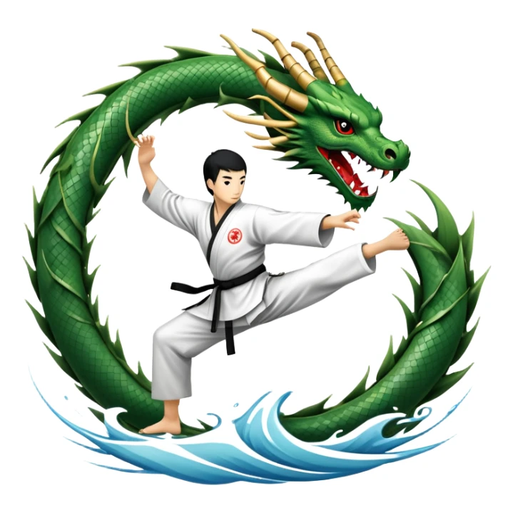An icon symbolizing Eastern martial arts in the style of an emblem, featuring a black-and-white Yin-Yang symbol and a dragon at the center. A martial artist is performing a fluid kick, surrounded by elements like a dojo and bamboo. Transparent background highlights balance and power. sticker