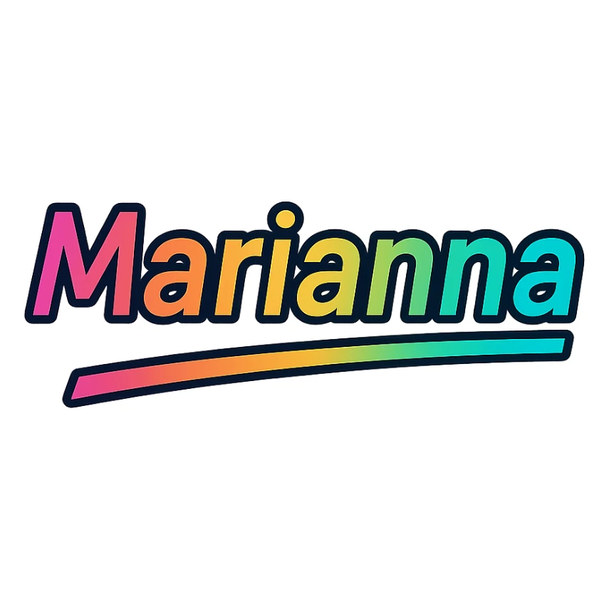 Marianna name in modern colorful gradient font with dark outline, dynamic slanted or partial underline, transparent background, in the style of reference patterns sticker