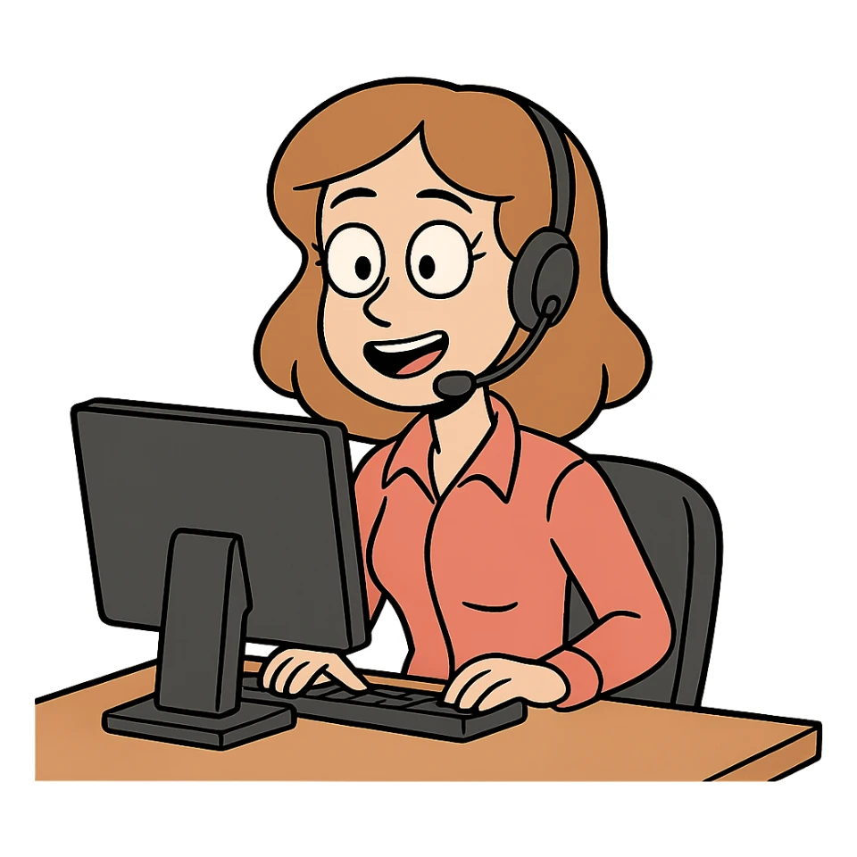 A female call center agent with a headset, at a computer, cartoon style. sticker