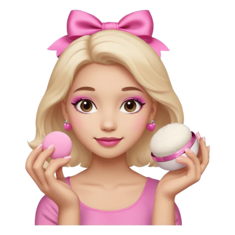 female face, light skin tone, small simple closed smile. One hand visible holding a round fluffy pink makeup powder puff pressed to the cheek; the puff has a small satin bow. sticker