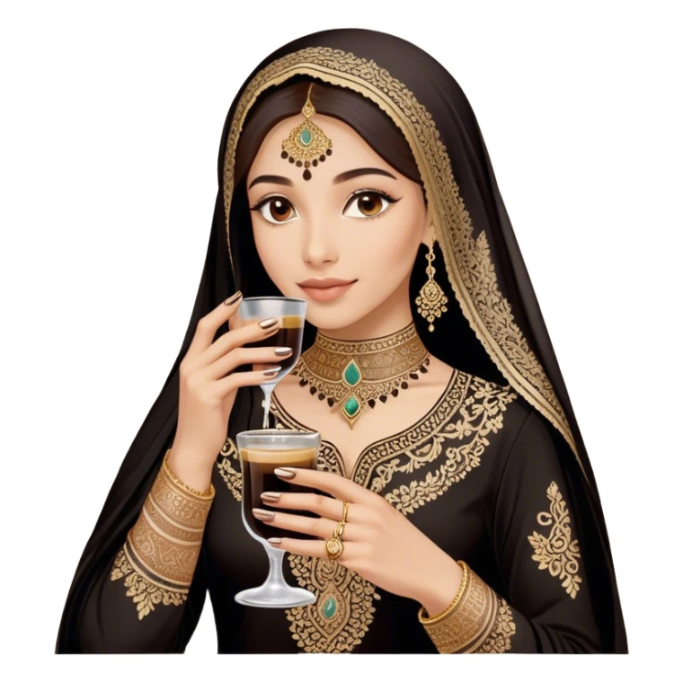 A delicate hand adorned with intricate floral henna designs holds a traitional glass of Arabic coffee. The deep brown henna contrasts beautifully with the rich embroidery of the black outfit, which features shimmering floral patterns. A gold ring and dark nail polish add elegance to the aesthetic. sticker