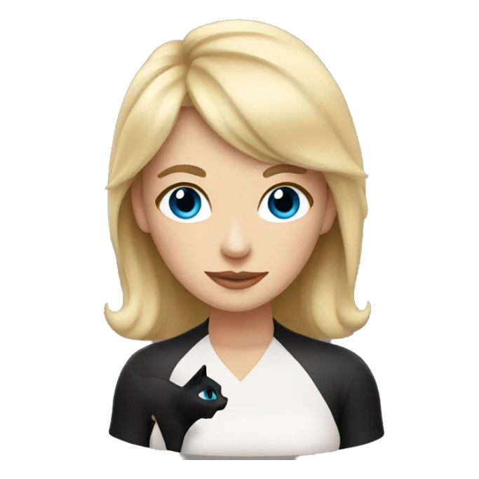 Blonde mom with bangs and blue eyes holding black cat with white chest sticker