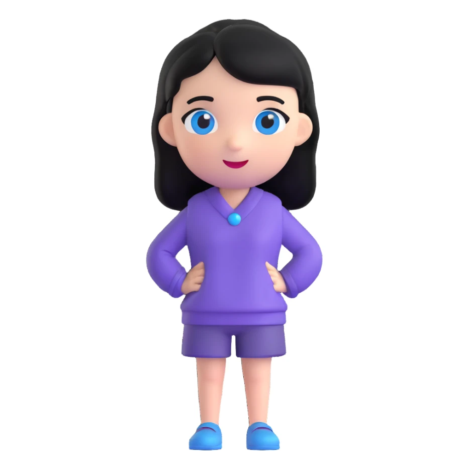 AI emoji character with black hair and blue eyes, standing straight forward, cheerful expression sticker
