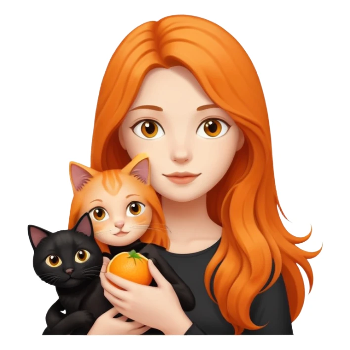 A long-haired girl holding a black cat and an orange cat sticker