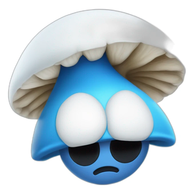 Blue smurf face with large black eyes wearing a large white mushroom on his head casting a show on his face with a neutral face sticker