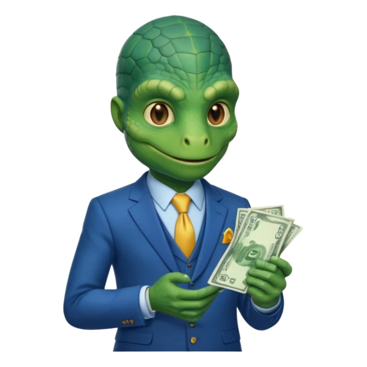 reptilian in a blue suit holding cash sticker