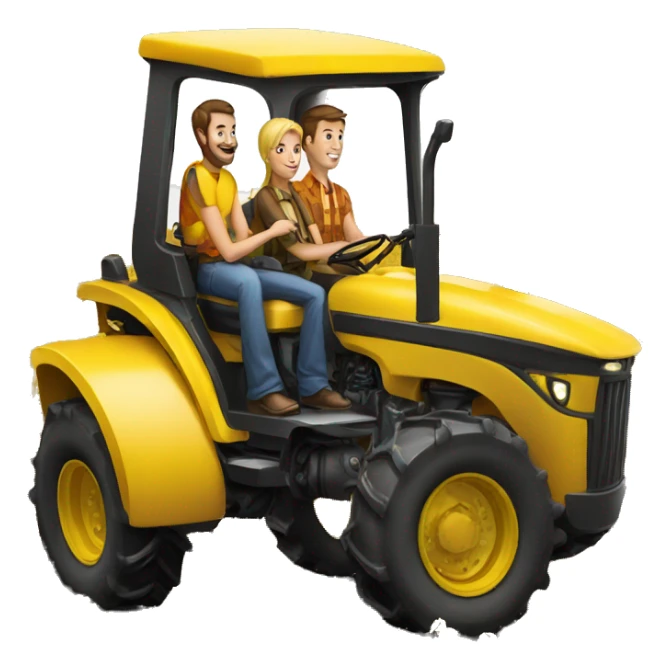 group of 3 people driving giant tractor yellow sticker