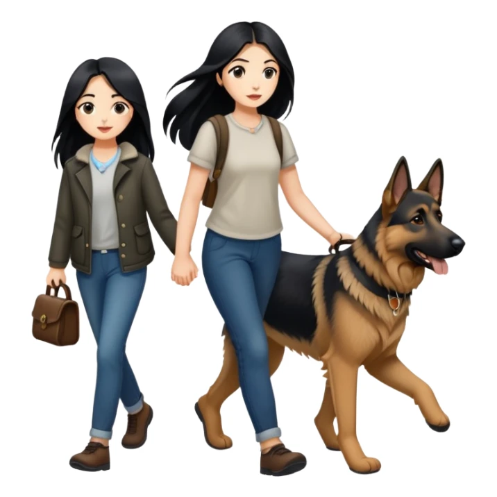 A girl with long black hair walking a German Shepherd sticker