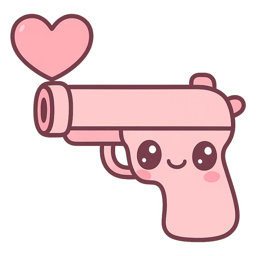 pink heart pistol, kawaii style, cute face on the handle, big eyes sticker