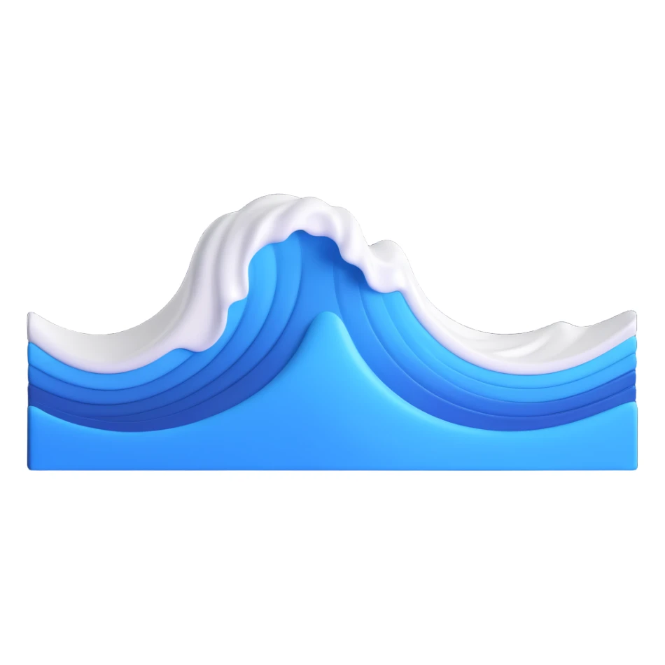 Make a wave emoji that looks exactly like the reference image, in iOS emoji style. 3D, shiny, smooth gradients, soft shadows, realistic wave shape, blue and white colors. Add a soft shadow under the wave. sticker