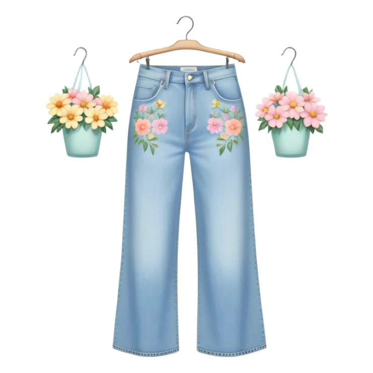 light wash denim wide leg jeans with pastel flowers painted on them on hanger sticker
