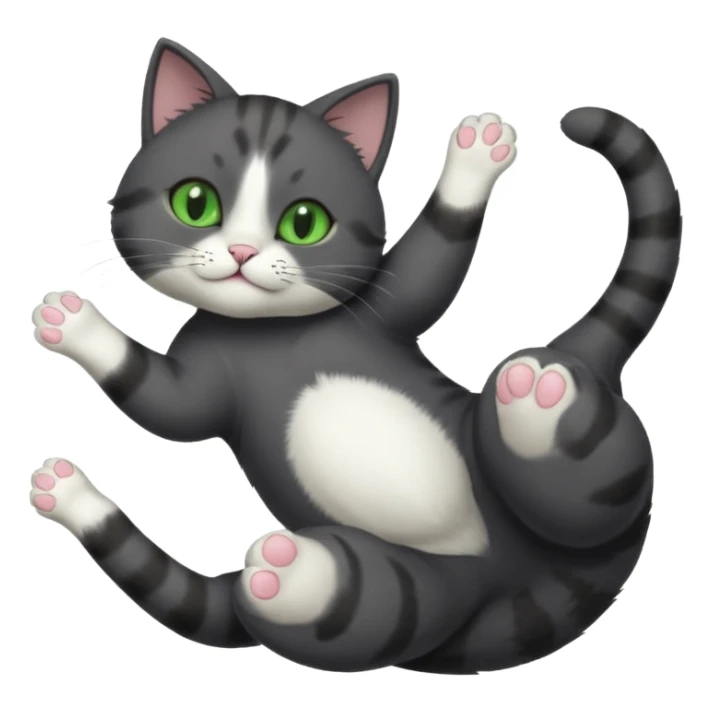 solid dark grey cat with green eyes, white toes/paws and white patch on her chest playfully rolling upside down sticker