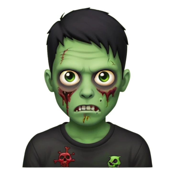 Zombie Emoji AppleIOS Style, lowfade Black Hair, nose piercing, and Black T-shirt, Green Skin sticker