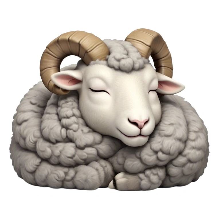 Meme-Worthy Cute Sleeping Ram Portrait Emoji, Head resting peacefully with a contented smile, showcasing a robust build and a luxuriously soft woolly grey fur with gently curled horns, eyes shut in a serene, restful nap, Simplified yet hilariously adorable features, highly detailed, glowing with a soft, drowsy light, high shine, relaxed and utterly lovable, stylized with an air of playful laziness, bright and heartwarming, soft glowing outline, capturing the essence of a comically sleepy ram, so meme-worthy it feels like it could instantly become the next viral sensation of adorable slumber! sticker