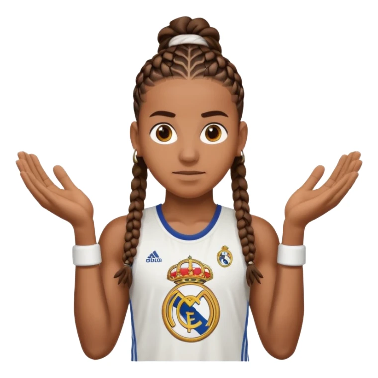 Make raphinha strong with cornrows and buff holding a the real madrid logo in between hid hands sticker