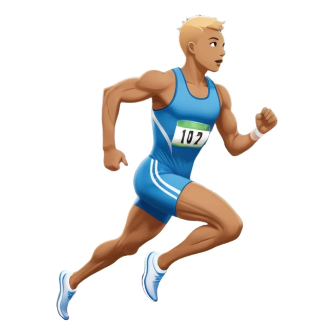 An icon showing a running track with lanes marked in white. A sprinter in mid-stride pushes forward, muscles tense. In the background, a large stadium filled with cheering fans and bright lights. The sky is clear and blue. Transparent background emphasizes the speed and energy of running. sticker