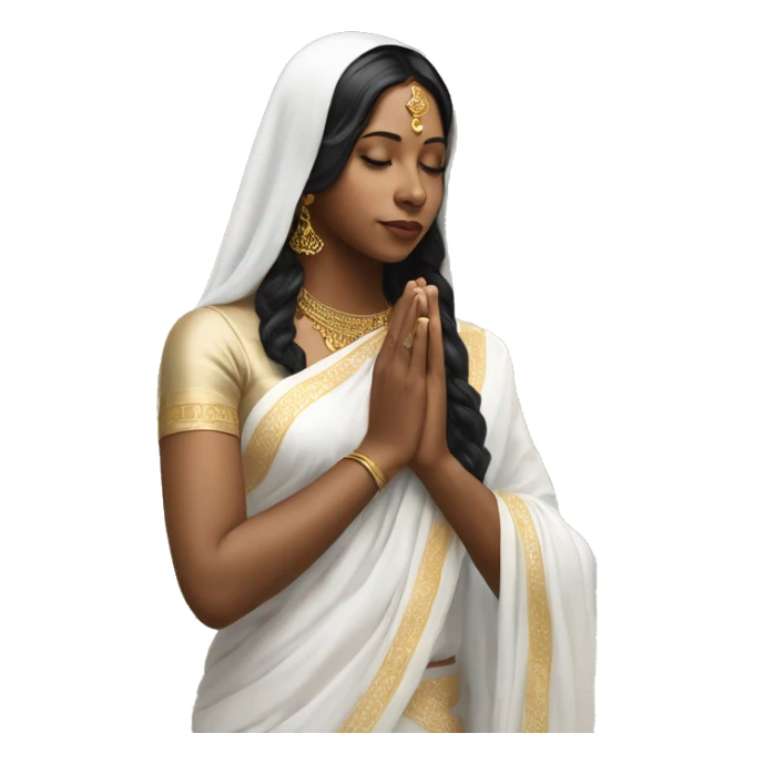 Light skin ;Black long hair wearing white saree praying infront a white temple sticker