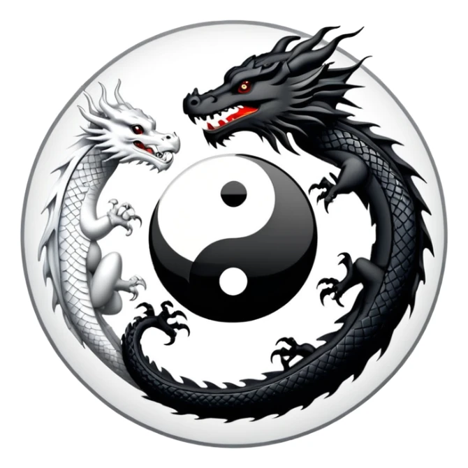 An icon symbolizing Eastern martial arts in the style of an emblem, featuring a black-and-white Yin-Yang symbol and a dragon at the center, surrounded by elements like a dojo. Transparent background highlights balance and power. sticker