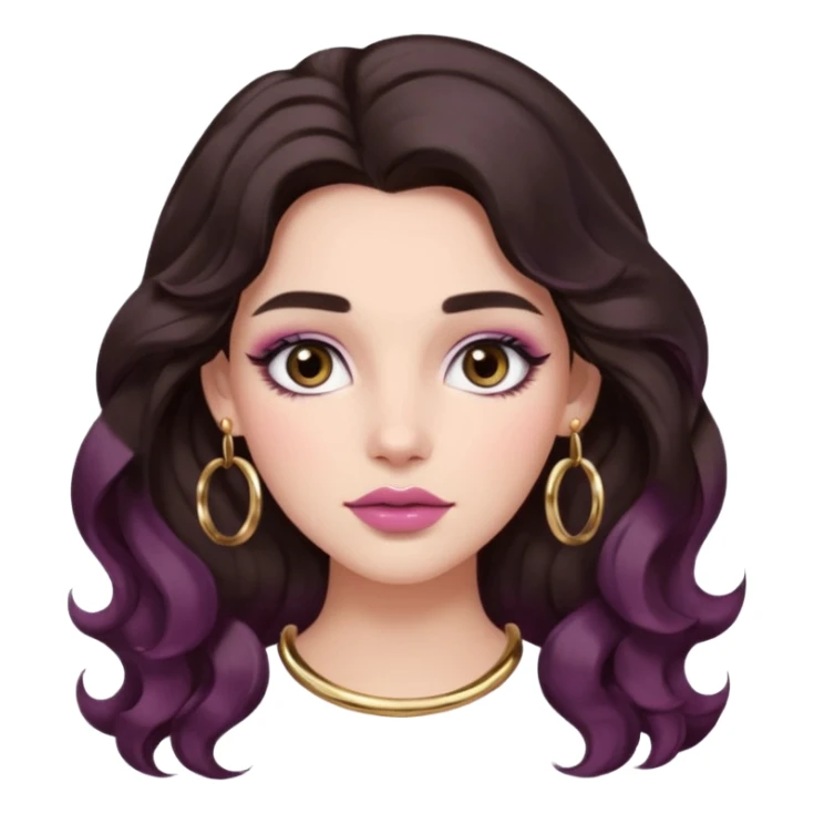 Woman with long dark brown wavy 2b hair, big brown eyes, thick brows, fair/light-medium skin, rosy blush, glossy mauve lips, gold hoops, and soft natural glam makeup. sticker