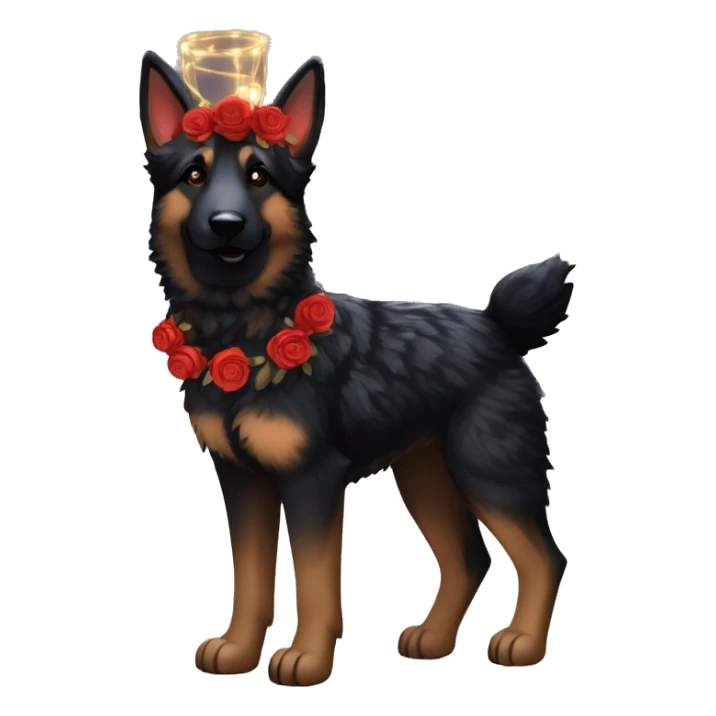 Bokeh Midnight starry night stars dark Brindled striped brindle black German shepherd fox carrying glowing red lantern, fairy lights, rose flower crown, bokeh lights, out of focus blur sticker