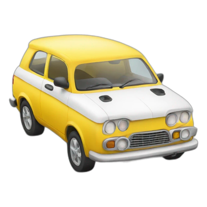 A car with color whit and yellow  sticker