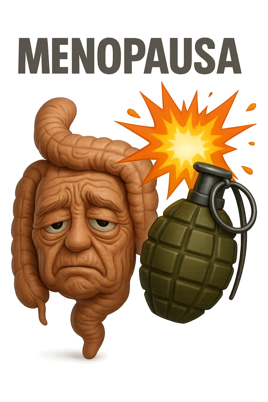 EMOJI STILE IPHONE 3D DI INTESTINO ANZIANO CON RUGHE SFINITO CON ESPRESSIONE STANCA, ACCANTO A LUI SCOPPIA UNA GRANATA 3D CON LA SCRITTA "MENOPAUSA" SOPRA sticker