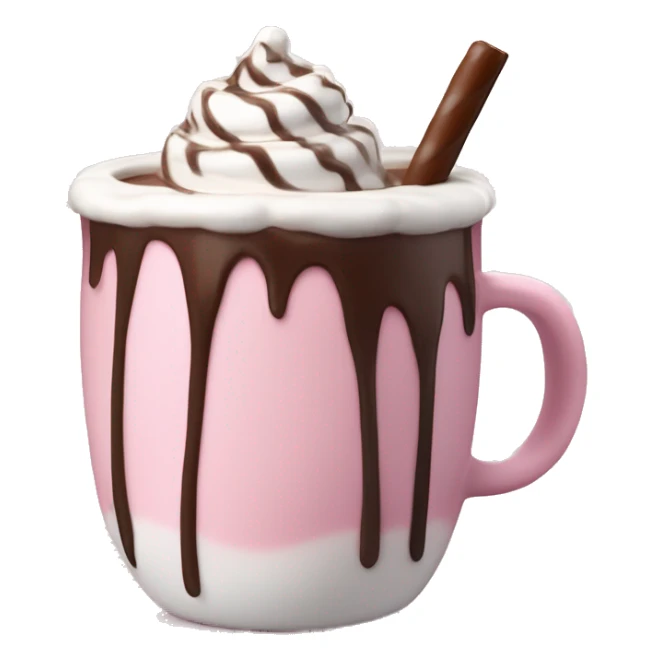 hot chocolate with mug and whip cream and chocolate drizzle and pale pink strawberry and marshmellows sticker