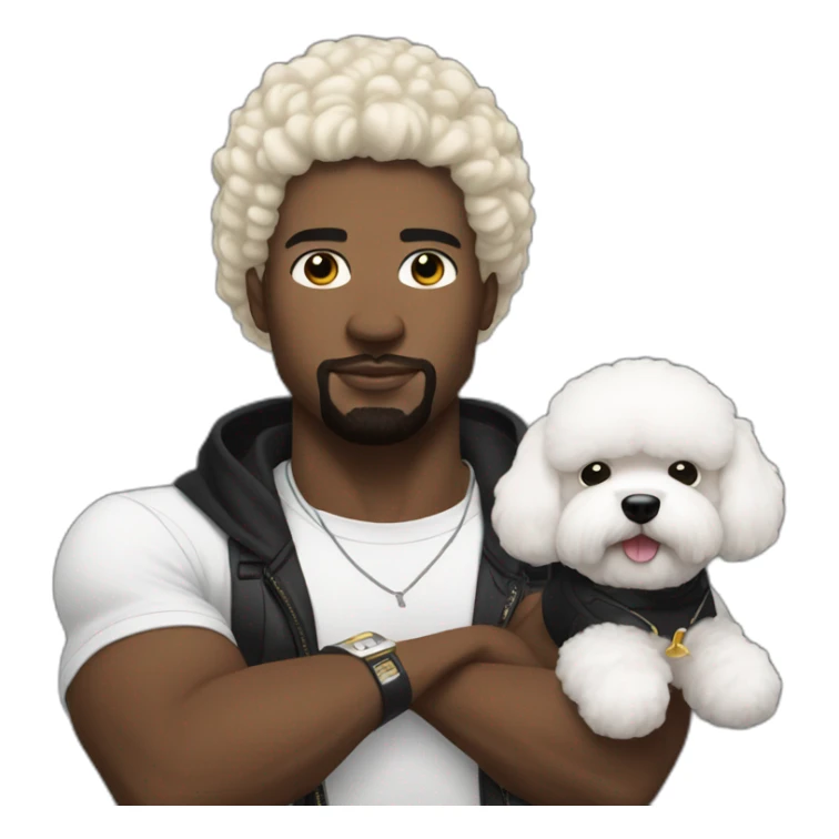 white man black hair,  rapper flexing with a bichon sticker