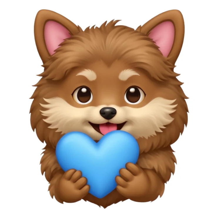 small dog holding a blue heart in its mouth, emoji style sticker