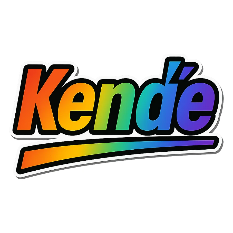 Kende name in modern gradient font with precise Hungarian characters, dark outline, extra bold, prominent white letter border, dynamic slanted underline, rainbow color gradient, 1000x1000 px, PNG, transparent background sticker