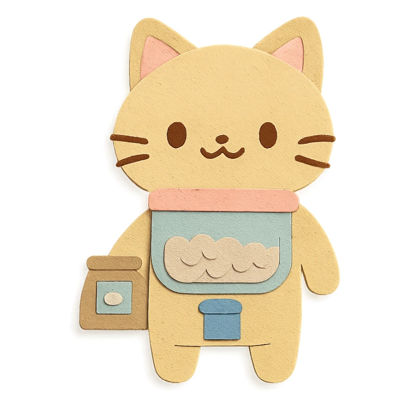 chibi rice dispenser-cat hybrid standing with a tiny rice bag, soft pastel, full-body sticker