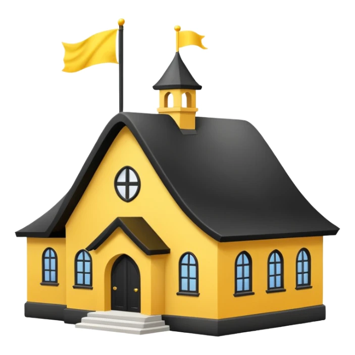 simple magic school, white background, magic school, black roof, with a big flag, big flag on a roof, big yellow flag, white school sticker