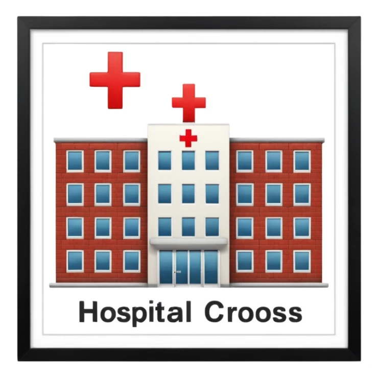 hospital outside, with text hospital and red cross sticker