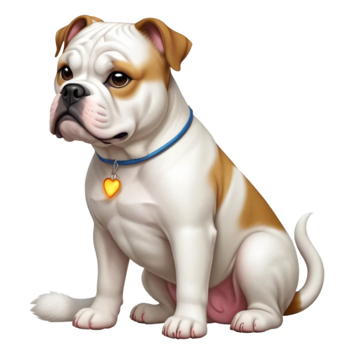 cinematic-[american bulldog]-realistic-full-body-sitting-emoji,-tail-resting-loosely-beside-its-paws,-head-tilted-dramatically,-sleek-[white]-fur,-simplified-yet-realistic-focused-features,-highly-detailed,-glowing-with-an-almost-sarcastic-glow sticker