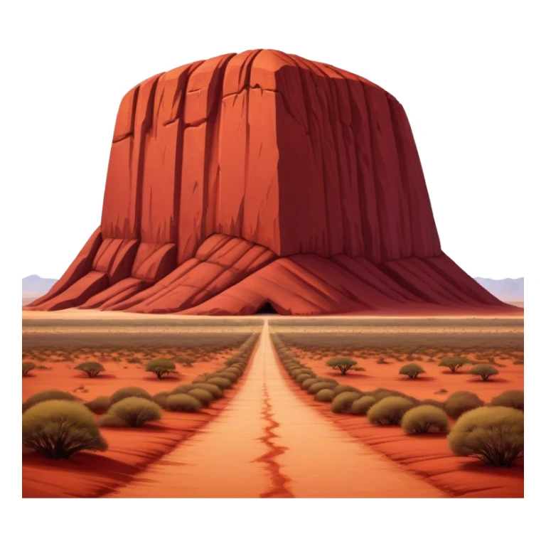 Cinematic Realistic Uluru Landmark Emoji, showcasing the massive, red monolith rising from the desert rendered with rich textures and warm, dramatic lighting. sticker