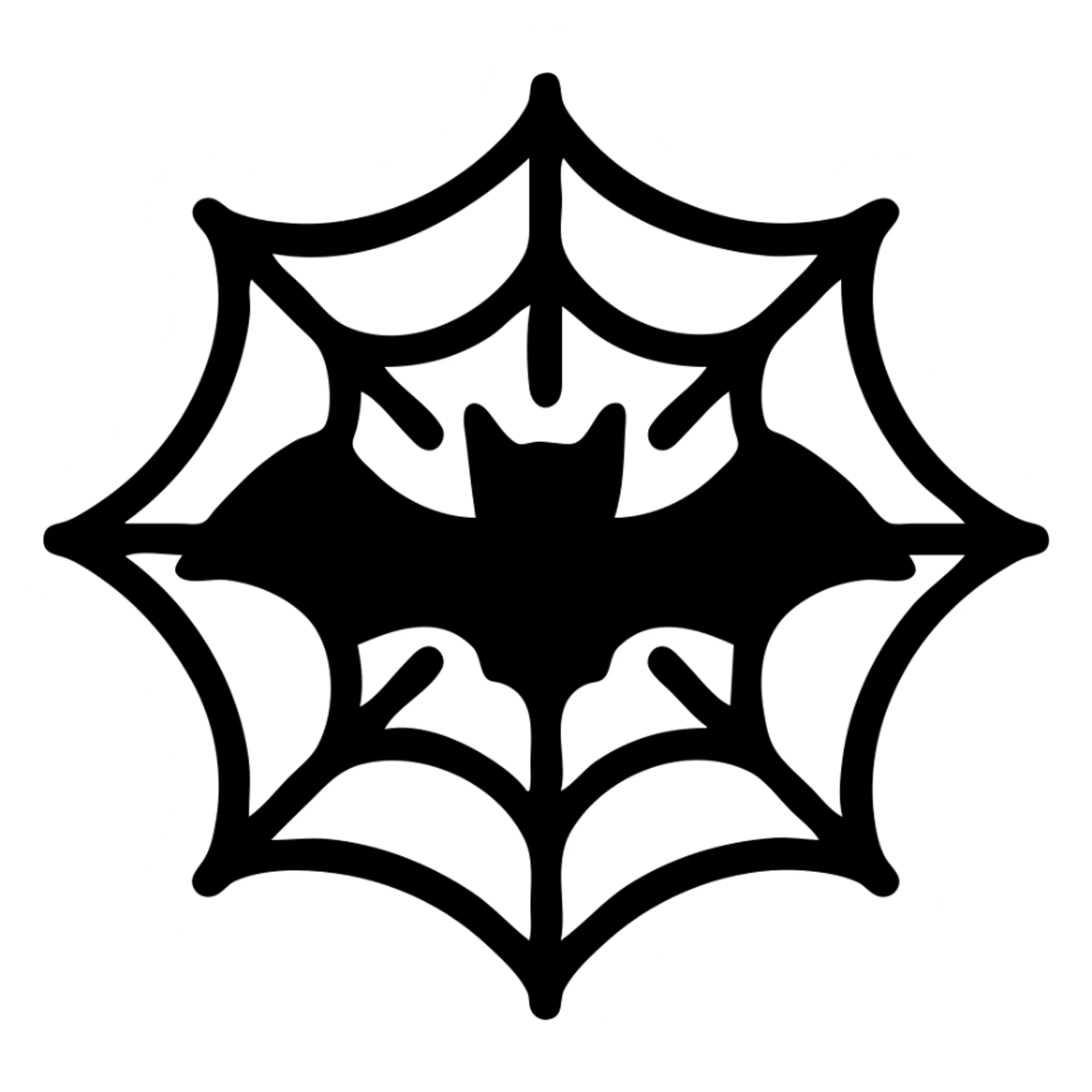 a bat with spread wings in a spiderweb, icon style, solid black fill, bold and modern sticker