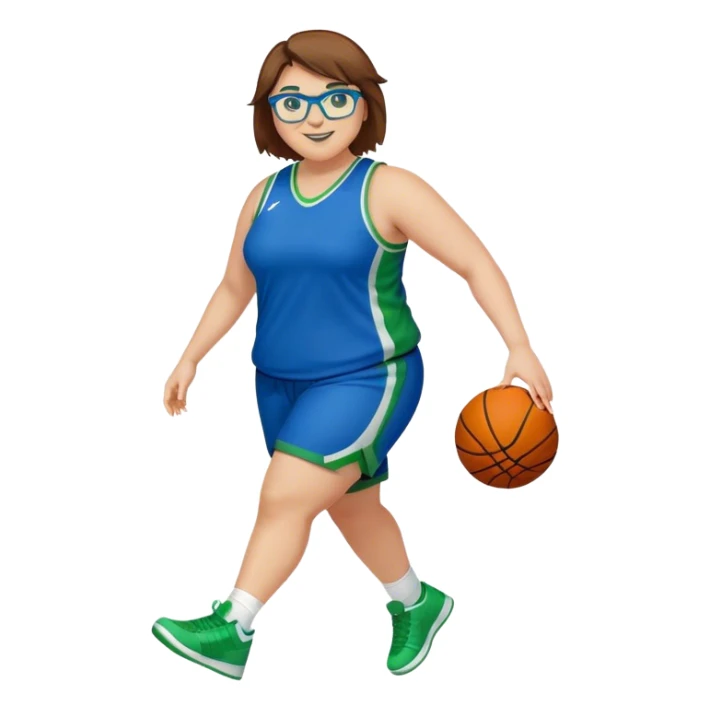 Full Body plus size white female basketball player with short medium brown hair with carmel highlights spike hair wearing blue glasses 
 wide nose wearing blue green uniform  green sneakers smiling  sticker