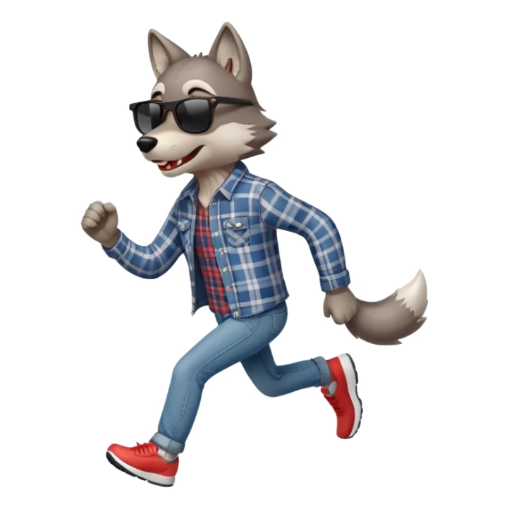 friendly anthropomorphised wolf in jeans and plaid shirt, wearing dark sunglasses, jogging upright in standard pose sticker