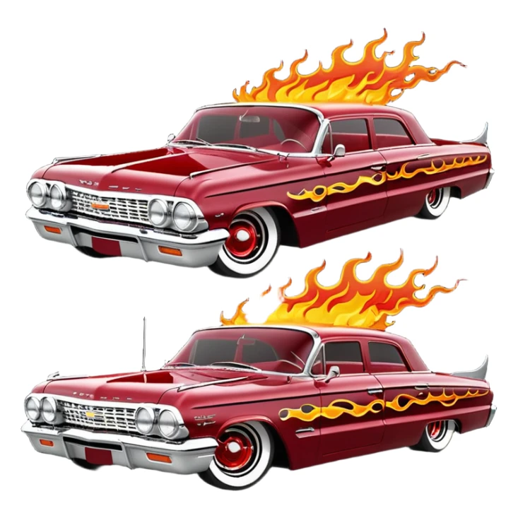 Satan’s streamlined Hot rod custom 1964 impala low rider four door themed painted hood flaming side-mounted under-door chrome exhaust pipes driving straight to hell  sticker