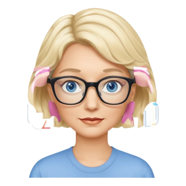 woman 60 very short weavy blonde haire, rectangle glases, blue eyes sticker