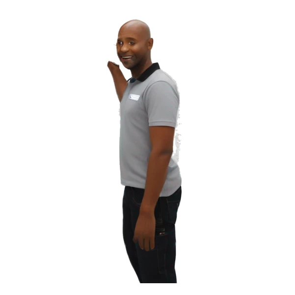 Technician in black polo shirt installing a 43 inch  tv on white exhibition stand sticker