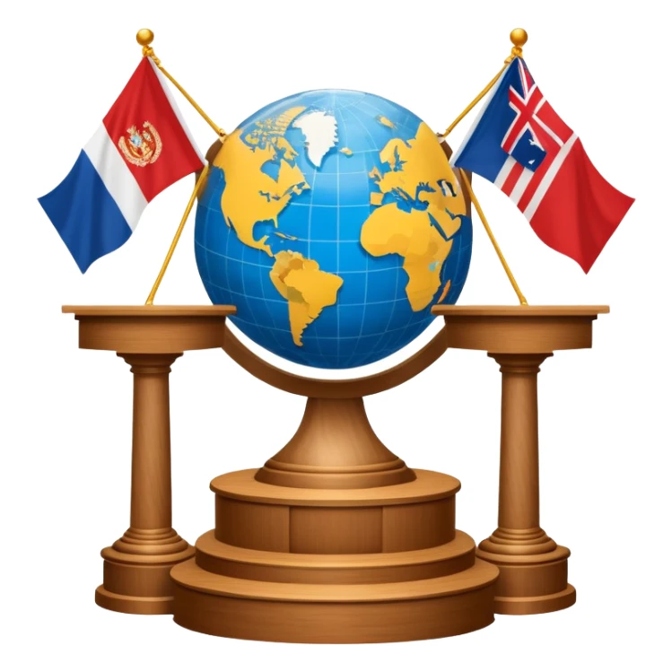 An icon featuring a podium with a speaker, national flags, and voting ballots, symbolizing political science. The design includes a globe and scales of justice in the background, representing governance, global affairs, and political theory. Transparent background emphasizes civic engagement and policy. sticker