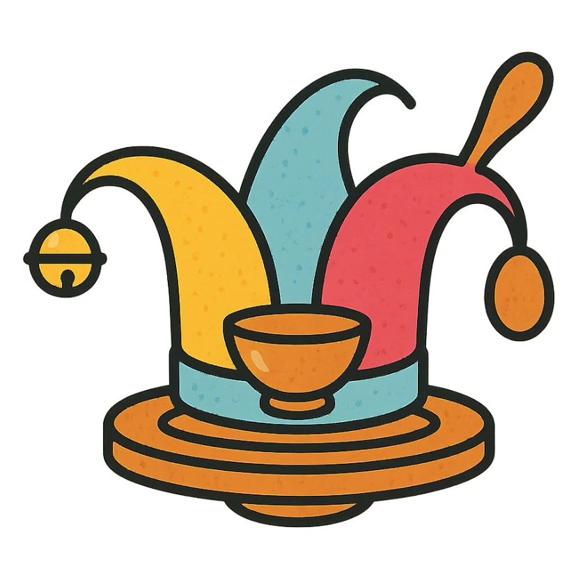 modern vector logo of a jester's hat with subtle ceramic glaze texture, sitting on a pottery wheel base, one bell replaced by a small clay bowl, another by a wooden spoon, warm inviting colors yellow, sky blue, raspberry red, playful yet elegant, suitable for branding of culinary and pottery workshop sticker