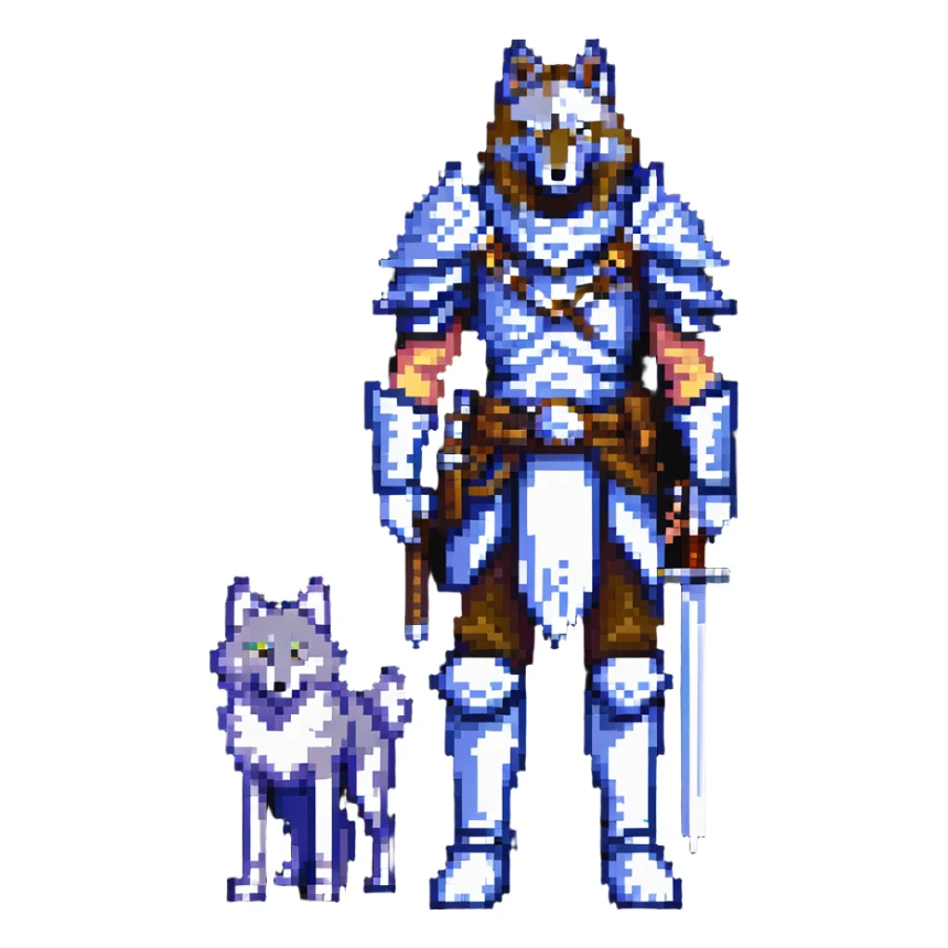 8-bit fantasy warrior standing beside loyal wolf companion sticker