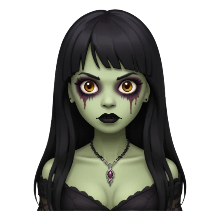 vampira gótica parda zumbi de cabelo longo e preto e franja e roupa com decote e batom preto sticker