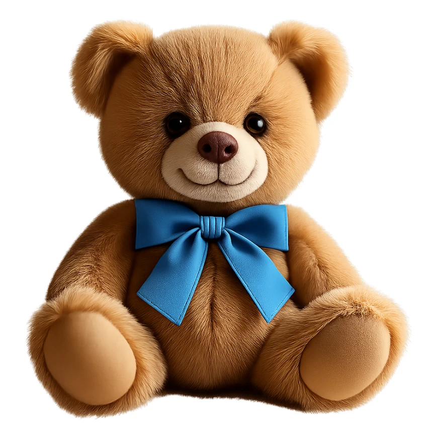 Isolate the realistic teddy bear with a blue ribbon and soft lighting on a transparent background, removing all other background elements. sticker